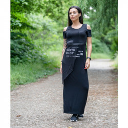 Дълга дамска рокля с щампа и голо рамо в черен цвят