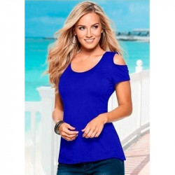 Дамскa едноцветна тениска с голо рамо в син цвят