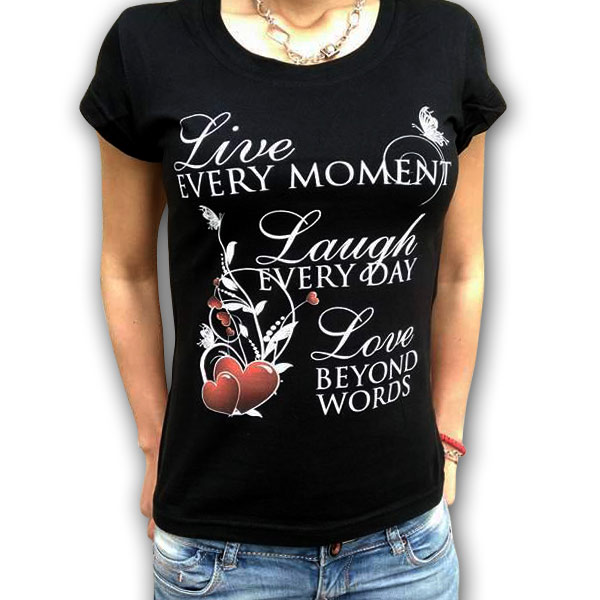 Дамска черна тениска с щампа ''Live every moment''