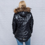 Разпродажба Дамско шушлеково зимно яке с качулка и естестен косъм от лисица в черен цвят